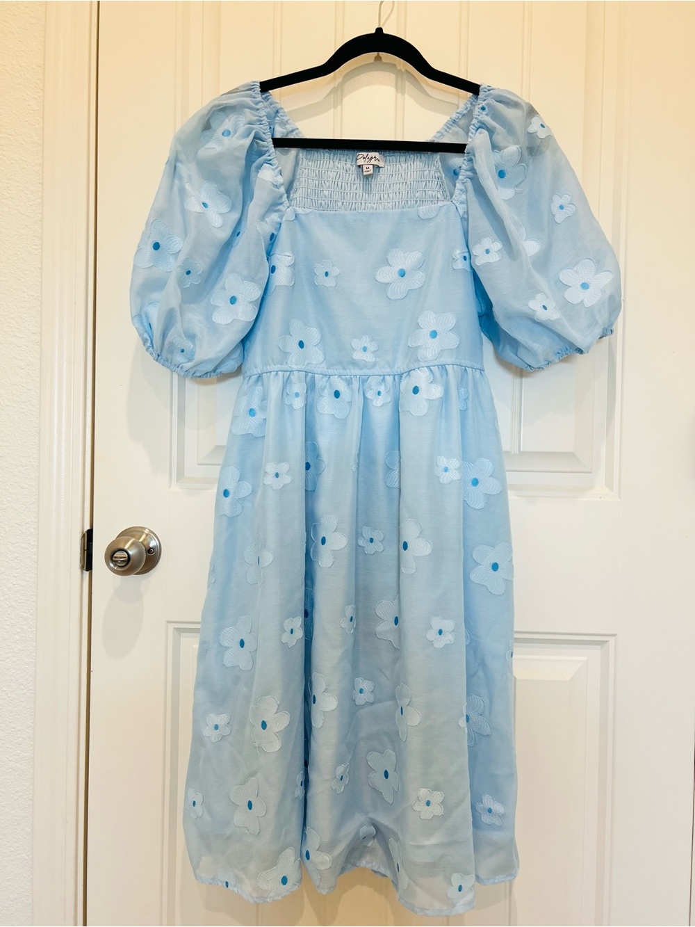 Blue Floral Puff-Sleeve Dress with Square Neck - Picture 8 of 11